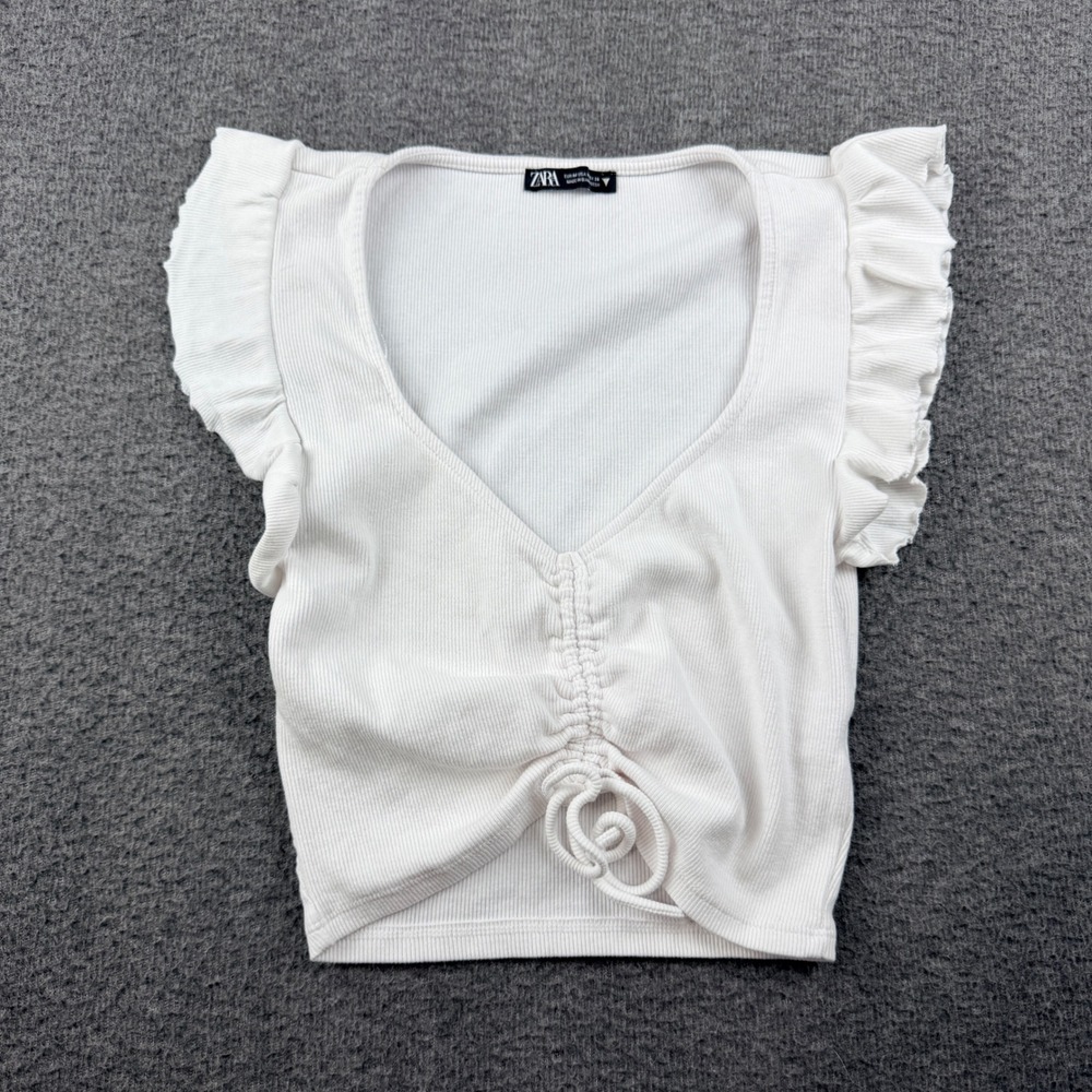 Zara Women's M Medium White Ribbed Ruffle Sleeve Ruched Crop Top